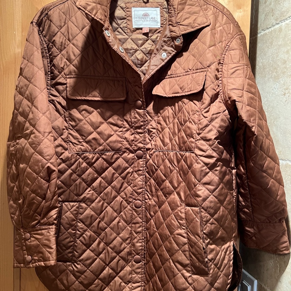 1 Sunset Lane Womens Size L Coppery Brown Quilted Utility Jacket Lightweight